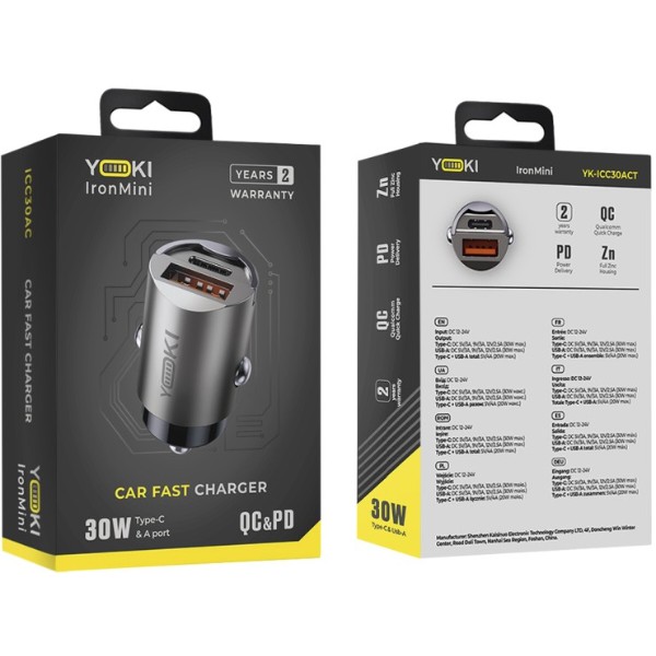Фото - Автомобильное зарядное устройство YOKI IronMini Type-C + USB PD&QC 30W Black (YK-ICC30ACT)